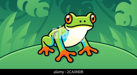 Red-Eyed Tree Frog, cute cartoon illustration of Central American rainforest frog in the wild. Stock Vector