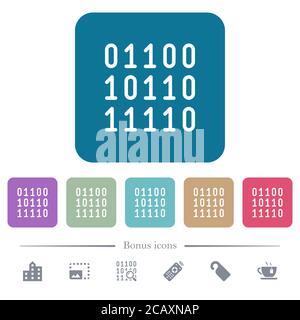 Binary code white flat icons on color rounded square backgrounds. 6 bonus icons included Stock Vector