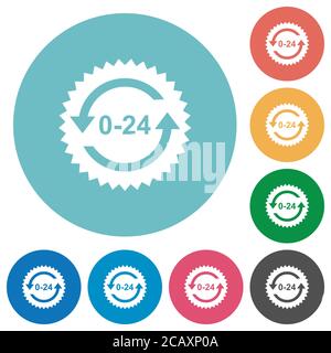 24 hours sticker with arrows flat white icons on round color backgrounds Stock Vector