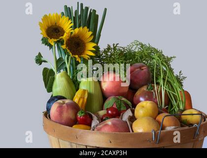 Top of basket with assorted fruit and vegetables against white background, side view, and decorated with sunflowers, summer harvest concept, Californi Stock Photo