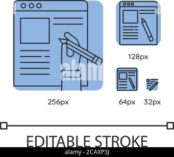 Copywriter, article author blue linear icons set. Essay writing and editing, journalism. Thin line customizable 256, 128, 64 and 32 px vector illustra Stock Vector