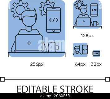Mobile app developer blue linear icons set. App development, coding, programming, UI design. Thin line customizable 256, 128, 64 and 32 px vector illu Stock Vector