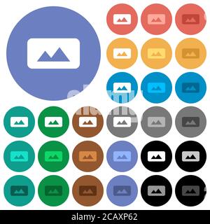 Panorama picture multi colored flat icons on round backgrounds. Included white, light and dark icon variations for hover and active status effects, an Stock Vector