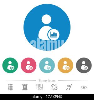 User account statistics flat white icons on round color backgrounds. 6 bonus icons included. Stock Vector