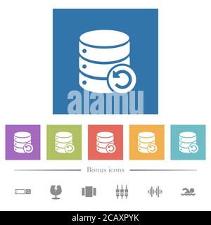 Undo database changes flat white icons in square backgrounds. 6 bonus icons included. Stock Vector
