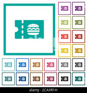 Fast food restaurant discount coupon flat color icons with quadrant frames on white background Stock Vector