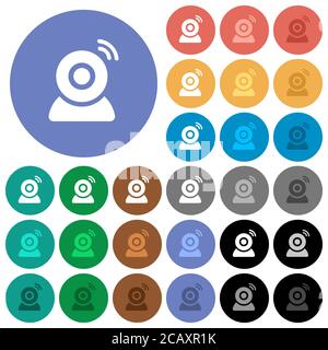 Wireless camera multi colored flat icons on round backgrounds. Included white, light and dark icon variations for hover and active status effects, and Stock Vector