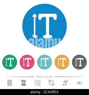 Adjust font height flat white icons on round color backgrounds. 6 bonus icons included. Stock Vector