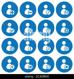 Set of 16 white flat user account management icons on round blue background Stock Vector