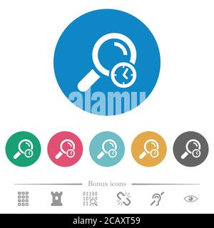 Query time flat white icons on round color backgrounds. 6 bonus icons included. Stock Vector