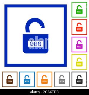 Unlocked combination lock with center numbers flat color icons in square frames on white background Stock Vector