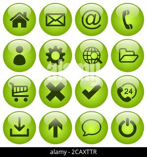 Set of 16 web icons in round yellowish green glass buttons Stock Vector