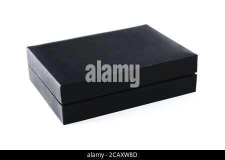 Black gift box with hinged lid isolated on white background Stock Photo
