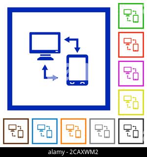 Connecting mobile to desktop flat color icons in square frames on white background Stock Vector