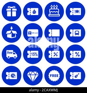 Set of 16 white flat gift and coupon icons on round blue backgrounds Stock Vector