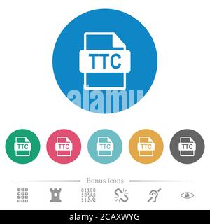 TTC file format flat white icons on round color backgrounds. 6 bonus icons included. Stock Vector