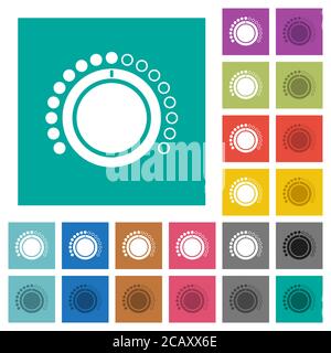 Volume control multi colored flat icons on plain square backgrounds. Included white and darker icon variations for hover or active effects. Stock Vector