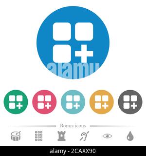 Add new component flat white icons on round color backgrounds. 6 bonus icons included. Stock Vector