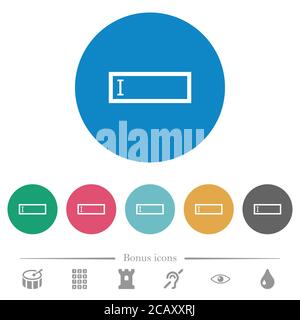Editbox with editing cursor flat white icons on round color backgrounds. 6 bonus icons included. Stock Vector