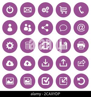 Set of 25 white flat web icons on round purple backgrounds Stock Vector