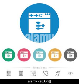 Browser flow chart flat white icons on round color backgrounds. 6 bonus icons included. Stock Vector