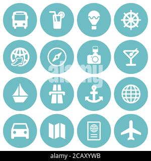 Set of 16 white flat travel icons on round light blue backgrounds Stock Vector