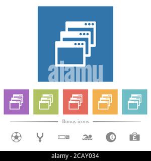 Cascade window view mode flat white icons in square backgrounds. 6 bonus icons included. Stock Vector