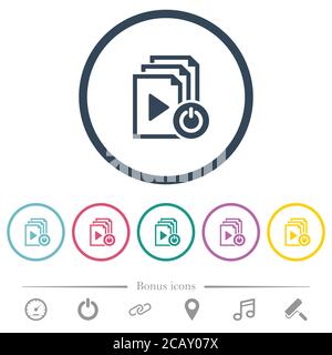 Exit from playlist flat color icons in round outlines. 6 bonus icons included. Stock Vector
