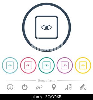 Preview object flat color icons in round outlines. 6 bonus icons included. Stock Vector