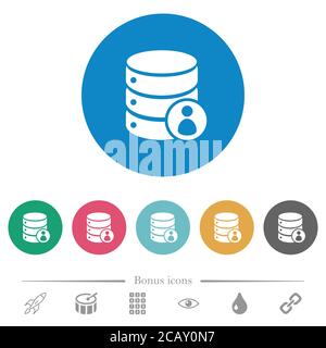 Database privileges flat white icons on round color backgrounds. 6 bonus icons included. Stock Vector