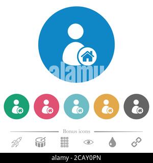 User home flat white icons on round color backgrounds. 6 bonus icons included. Stock Vector