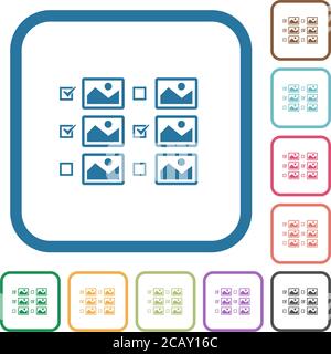 Multiple image selection with checkboxes simple icons in color rounded square frames on white background Stock Vector