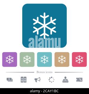 Single snowflake white flat icons on color rounded square backgrounds. 6 bonus icons included Stock Vector