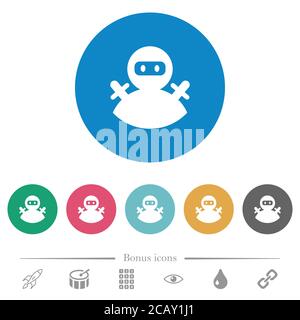 Ninja avatar flat white icons on round color backgrounds. 6 bonus icons included. Stock Vector