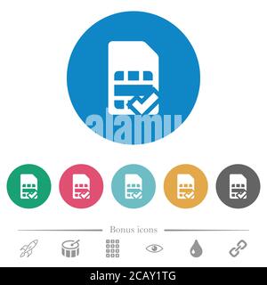 SIM card accepted flat white icons on round color backgrounds. 6 bonus icons included. Stock Vector
