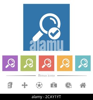 Search done flat white icons in square backgrounds. 6 bonus icons included. Stock Vector