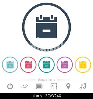 Remove schedule item flat color icons in round outlines. 6 bonus icons included. Stock Vector