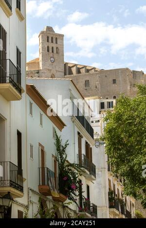 View of the hilltop castle from ground level dominated by Eivissa Castle in Eivissa, Ibiza Town, Balearic Islands, Spain Stock Photo