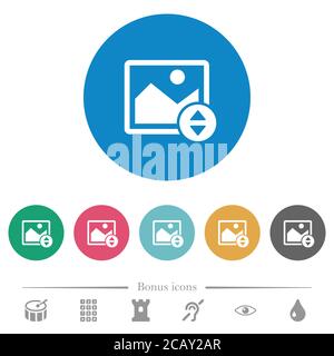 Vertically move image flat white icons on round color backgrounds. 6 bonus icons included. Stock Vector