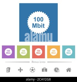 100 mbit guarantee sticker flat white icons in square backgrounds. 6 bonus icons included. Stock Vector
