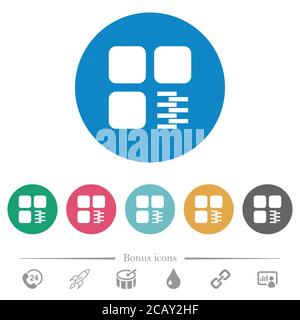 Zip component flat white icons on round color backgrounds. 6 bonus icons included. Stock Vector