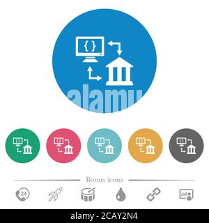 Open banking API flat white icons on round color backgrounds. 6 bonus icons included. Stock Vector