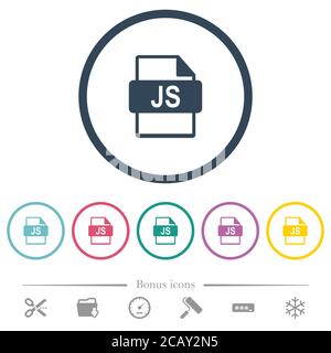 JS file format flat color icons in round outlines. 6 bonus icons included. Stock Vector