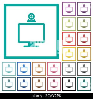 Monitor with webcam flat color icons with quadrant frames on white background Stock Vector