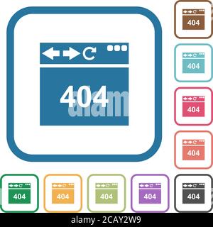 Browser 404 page not found simple icons in color rounded square frames on white background Stock Vector