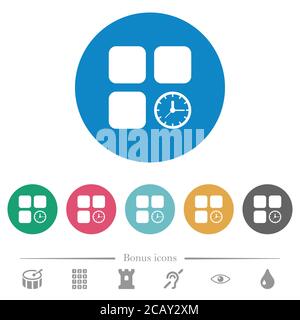 Component timer flat white icons on round color backgrounds. 6 bonus icons included. Stock Vector