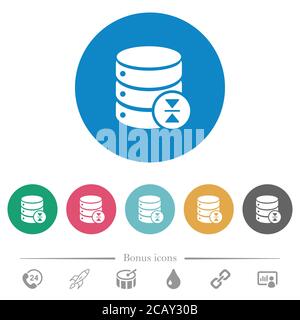 Select database table row flat white icons on round color backgrounds. 6 bonus icons included. Stock Vector