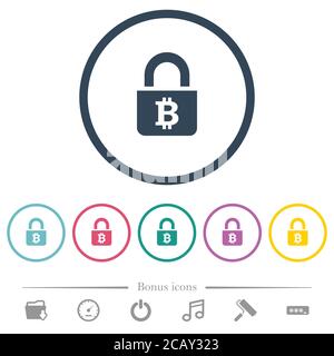 Locked Bitcoins flat color icons in round outlines. 6 bonus icons included. Stock Vector