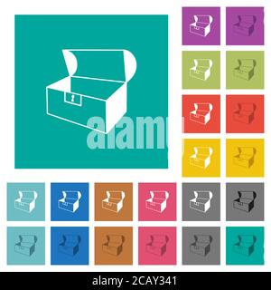 Empty open coffer multi colored flat icons on plain square backgrounds. Included white and darker icon variations for hover or active effects. Stock Vector
