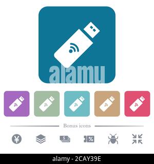 Wireless usb stick white flat icons on color rounded square backgrounds. 6 bonus icons included Stock Vector